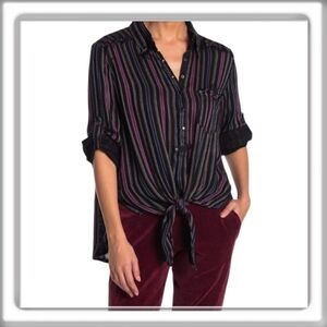 Vintage Havana Candy Stripe Snap Tie Front Shirt Roll Sleeve Black Size Large